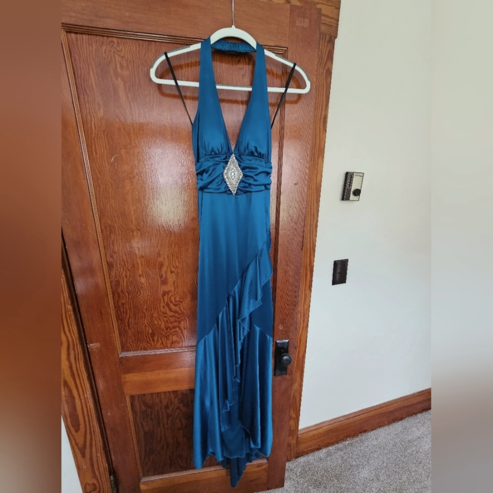 Taboo Teal Blue Polyester Halter Top Maxi Bridesmaid Prom Dress Size 7/8